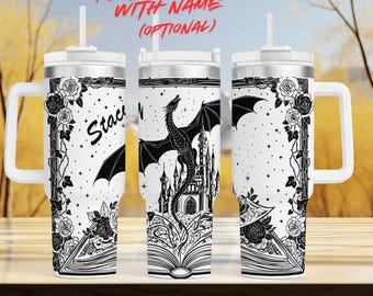 Fantasy Dragon book, Custom Name Cup, Insulated Mug with Handle, Magic Book Lover Gift, Mythical Travel Cup