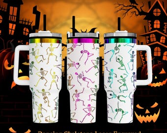 Halloween Skeleton Tumbler with Handle, Insulated Travel Mug, Halloween Gift, Spooky Vibes Cup, Custom Engraved Tumbler, Funny Skeleton Mug