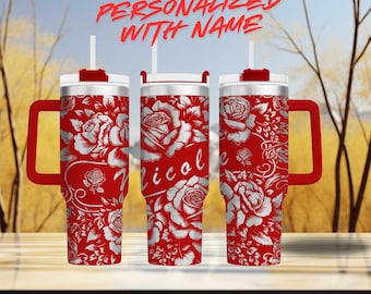 Personalized Rose Tumbler, Engraved Floral 40oz Stainless Steel Cup, Custom Name Gift for Her, Laser Engraved Flower Travel Mug