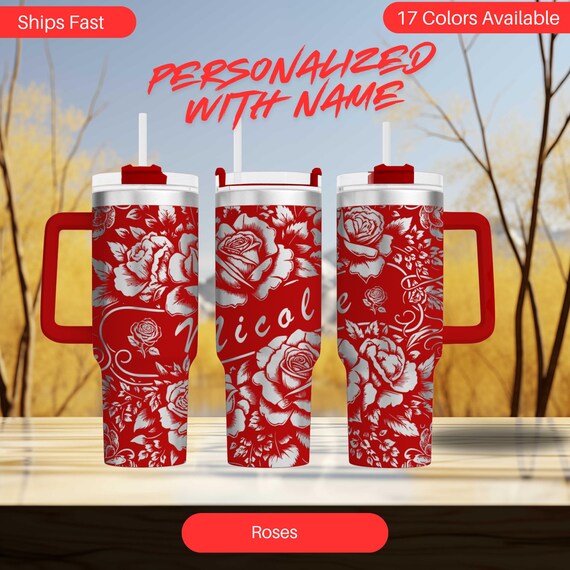 Personalized Rose Tumbler, Engraved Floral 40oz Stainless Steel Cup, Custom Name Gift for Her, Laser Engraved Flower Travel Mug