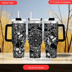 Skull  Swear Word Mandala Tumbler 40oz | Laser Engraved Gothic Drinkware | Funny Adult Humor Gift for Rebels  Coffee Lovers