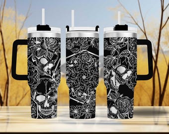 Skull  Swear Word Mandala Tumbler 40oz | Laser Engraved Gothic Drinkware | Funny Adult Humor Gift for Rebels  Coffee Lovers