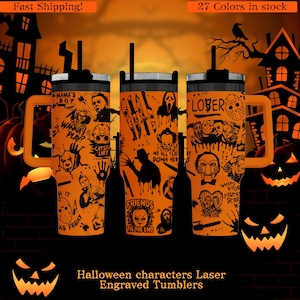 Horror Movie Tumbler with Handle, Halloween Scary Cup, Insulated Stainless Drinkware, Spooky Season Gift for Horror Fans
