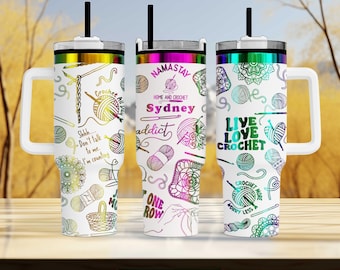 Crochet 40oz Tumbler with Handle, Insulated Engraved Tumbler, Personalized Yarn Lover Gift, Crochet Addict Mug, Custom Crochet Cup