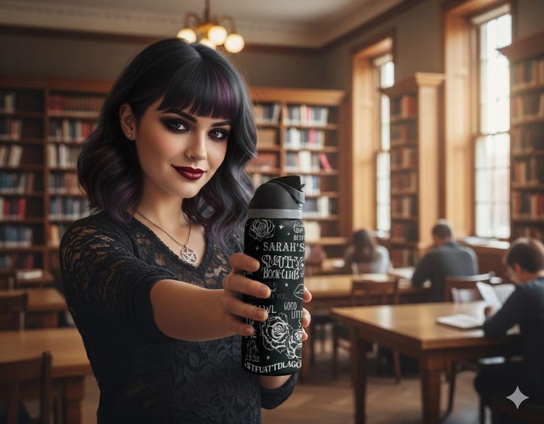 May include: A black and silver water bottle with the text "Sarah's Smutty Book Club" and rose illustrations. The bottle is held by a person in a library setting. The person is wearing a black top and has dark hair with purple highlights.