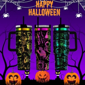 three colorful Halloween-themed mugs with spooky designs, including bats, skulls, and pumpkins, set against a purple background with spider webbing and jack-o-lanterns.
