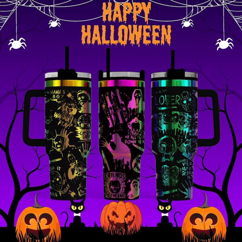 three colorful Halloween-themed mugs with spooky designs, including bats, skulls, and pumpkins, set against a purple background with spider webbing and jack-o-lanterns.