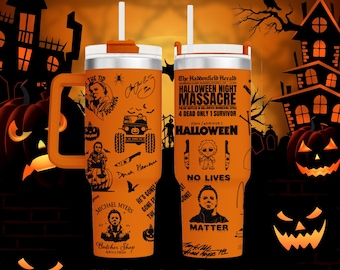 40oz Halloween Horror Tumbler with Handle, Spooky Insulated Cup, Scary Movie Inspired Drinkware, Fall Gift for Horror Fans