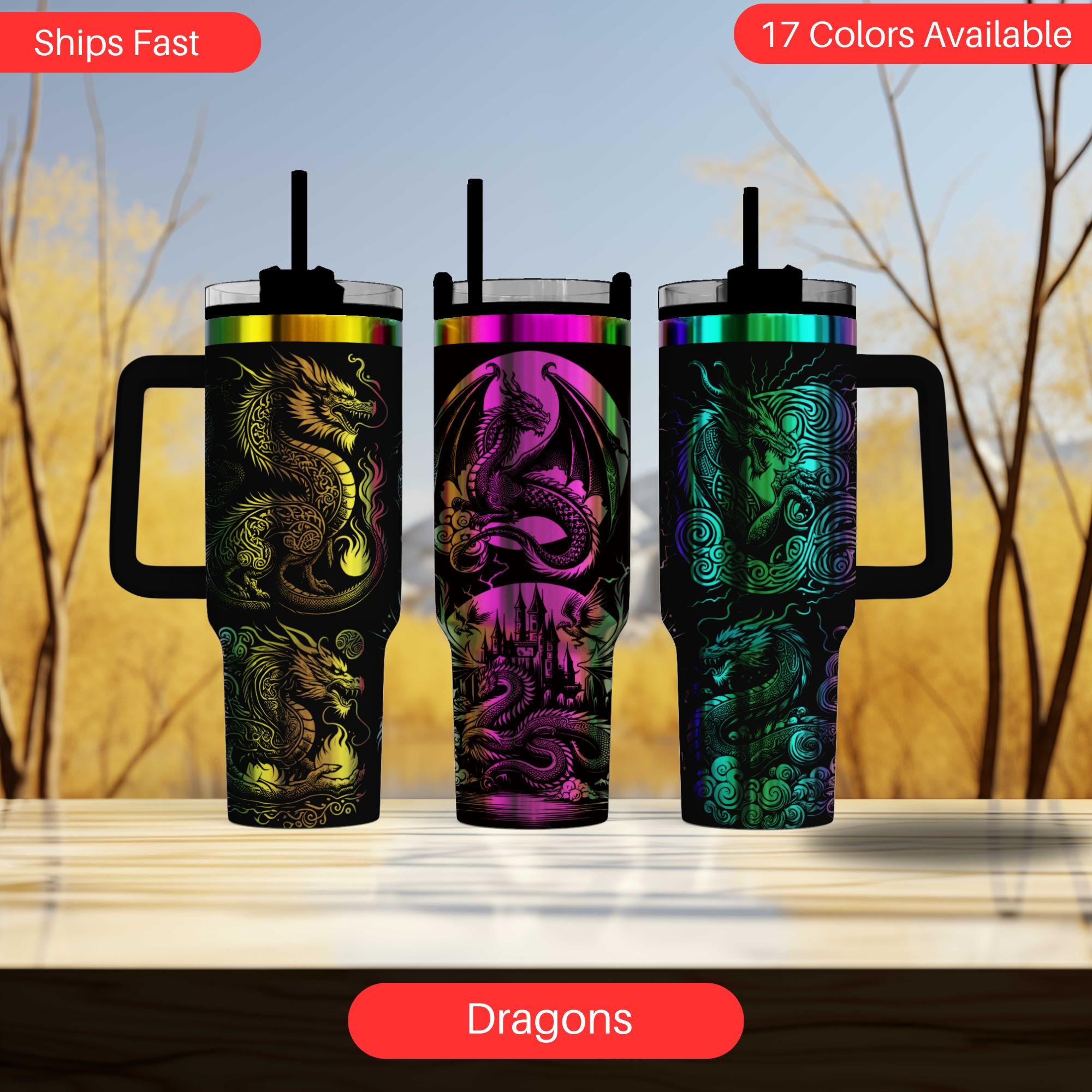 40oz Dragon Engraved Tumbler, Fantasy Creature Stainless Mug, Mythical Laser Design Cup, Gothic Gift for Him or Her, Insulated Travel Cup