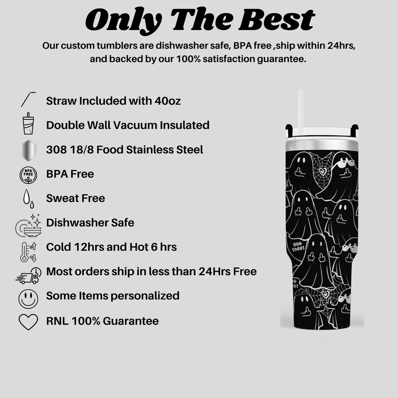 a black and white design of a large, insulated stainless steel tumbler with a unique, ghost-like pattern. The tumbler is described as having a straw included with a capacity of 400oz, a double wall vacuum insulation, a food-grade stainless steel, a BPA-free design, a sweat-free design, a dishwasher safe feature, a cold and hot insulation, a shipping guarantee, and a 100% guarantee.