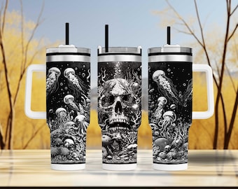 Skull & Jellyfish Tumbler, 40oz Insulated Drinkware, Laser Engraved Nautical Horror Mug, Spooky Ocean Skull Art, Large Mug for Ocean Lovers