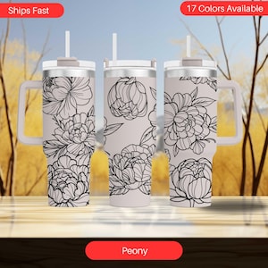 Peony Tumbler 40oz Stainless Steel Floral Mug | Insulated Travel Coffee Cup with Elegant Peony Design Large Capacity, Gift for Garden Lovers