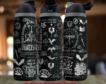 May include: Three black 710ml Owala water bottles with fantasy-themed designs in white. Each bottle features text and illustrations, including dragons, swords, and the words "Violence" and "Smut Book 3".
