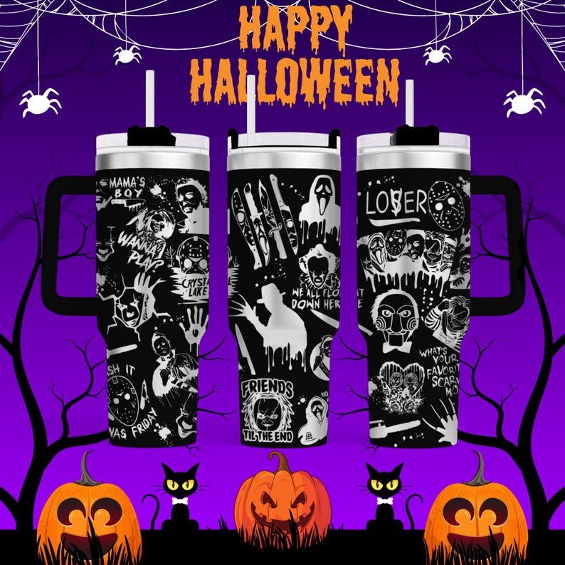 A Halloween-themed image featuring three black and white tumblers with various spooky and horror-themed designs, including silhouettes of people, bats, and other Halloween-related imagery. The background is a purple color with a spider web and jack-o-lanterns, creating a festive and spooky atmosphere.