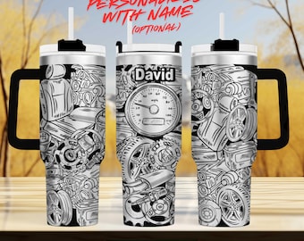 Mechanic or Gearhead Tumbler, Laser Engraved Car Parts Design, Custom Insulated Mug with Handle and Straw, Personalized Auto Lover Gift