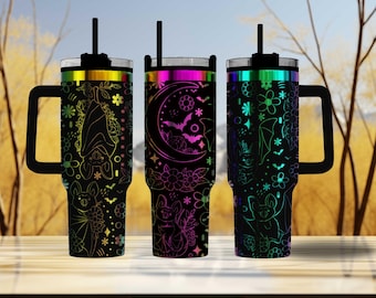 Floral Bat Tumbler 40oz, Engraved Spooky Goth Cup, Insulated Stainless Steel Drinkware, Halloween Gift, Moon and Bat Design, Fall Vibes