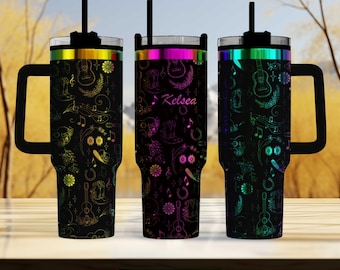 Personalized Country Music Tumbler 40oz with Handle, Engraved Stainless Steel Cup, Guitar Cowboy Boots Horseshoes Musical Notes, Custom Gift