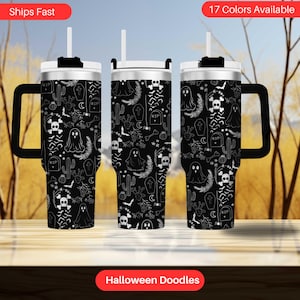 40 oz Halloween Doodle Tumbler  Cute Spooky Laser Engraved Mug, Ghost and Graveyard Cup, Fall Insulated Cup, Skull and Bat Drinkware