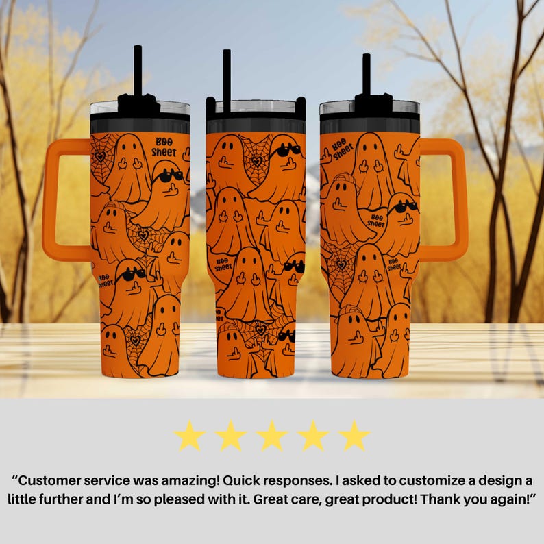 three orange tumblers with a repeating pattern of ghost characters on them. The tumblers have orange handles and are placed on a wooden surface. The background of the image is blurred, but it appears to be a wooded area. There is a rating and a comment expressing customer satisfaction with the design of the tumblers.