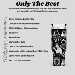 The image is a promotional image for a company that sells custom tumblers. It features a black and white image of a tumbler with various features and information about the product.