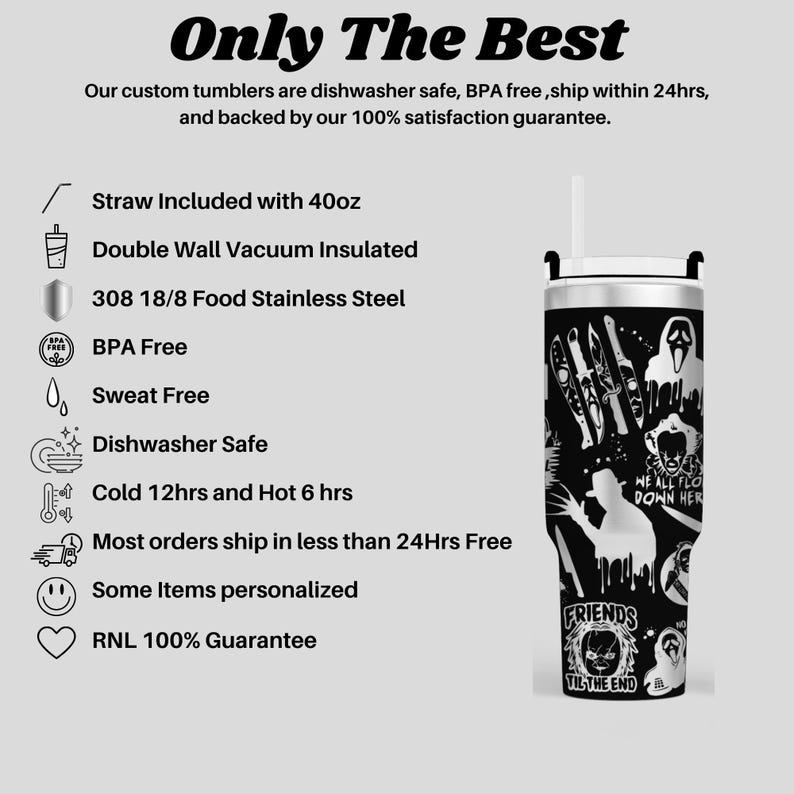 The image is a promotional image for a company that sells custom tumblers. It features a black and white image of a tumbler with various features and information about the product.