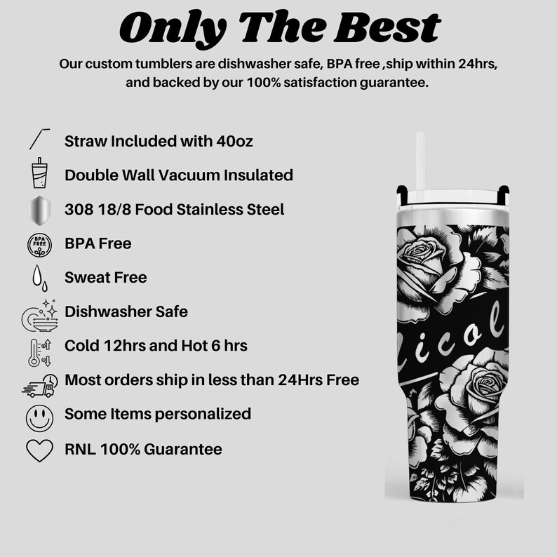 40oz personalized rose tumbler custom engraved stainless steel cup with floral and name design perfect gift for her or birthday present