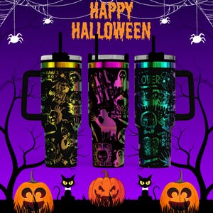 A Halloween-themed image featuring three colorful tumblers with spooky designs, surrounded by jack-o-lanterns, spiderwebs, and a "Happy Halloween" banner.