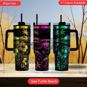 40oz Sea Turtle Beach Tumbler, Laser Engraved Ocean Scene Mug, Tropical Island Cup, Insulated Stainless Steel Gift, Coastal Boho Drinkware