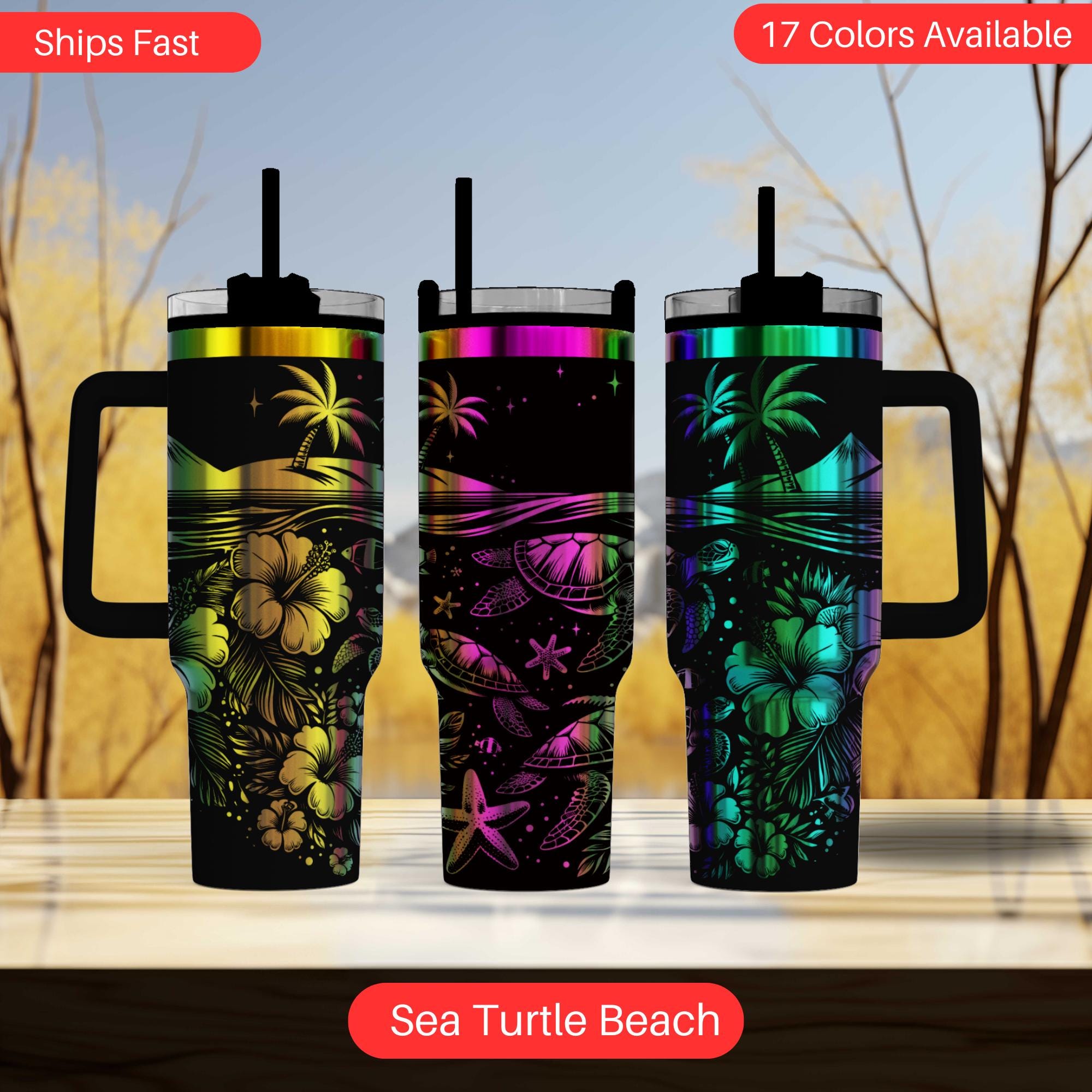 Sea Turtle Tumbler, Laser Engraved 40oz Stainless Steel Beach Mug, Tropical Ocean Scene, Summer Drinkware, Coastal Gift, Island Vibes