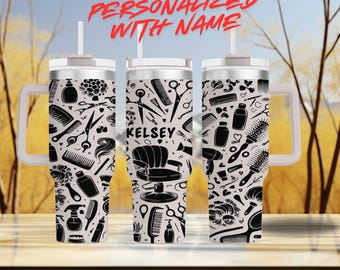 Hair Stylist Tumbler 40oz, Custom Laser Engraved Salon Mug, Hairstylist Gift, Barber Cup, Personalized Hairdresser Tumbler with Handle