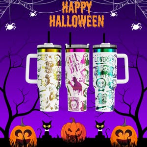 three colorful Halloween-themed tumblers with spooky designs, including skulls, bats, and spiders, set against a purple background with Halloween-themed decorations such as pumpkins and spiderwebs.