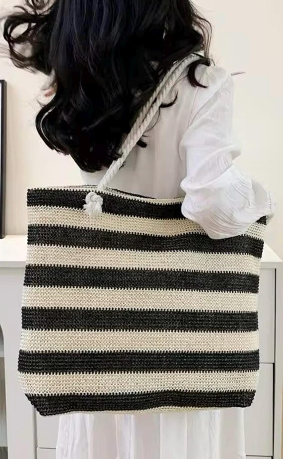 Straw tote Bag Striped straw Bag Large shoulder bag Monochrome straw large bag Etsy