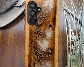 Boho Botaniska Trä- & Fjäderskydd | Mobilskal Inspirerat av Natives