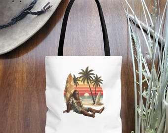 Vintage Surf Bigfoot Tote Bag | Beach Palms Sunset Surfboard