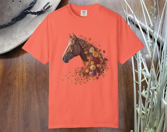 Höst-T-shirt med hästmotiv, cowgirl-t-shirt med westernmotiv, höstblommönster