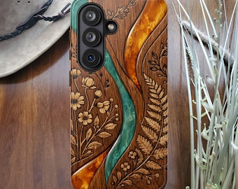 Mobilskal med träådring och blommigt inlägg | Turkos, bärnsten, boho, botanisk snidning