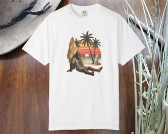 Bigfoot Surfer Beach T-shirt | Funny Sasquatch Surfing Tee