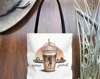 Espresso Yourself Iced Coffee Tote Bag | Beach Sunset Coffee Cup Design