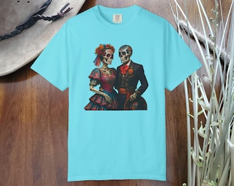 T-shirt med sockerskallemotiv för par, de dödas dag