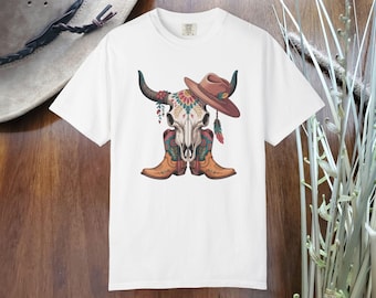 Boho t-shirt med ko-skallemotiv, vintage-t-shirt i västerländsk stil