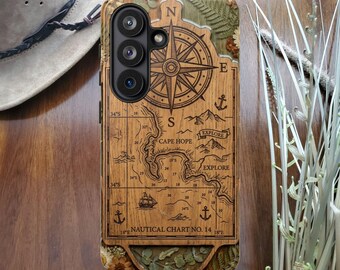 Nautisk kompasskarta snidat trä boho botaniskt telefonskal | Robust iPhone-skyddsskal
