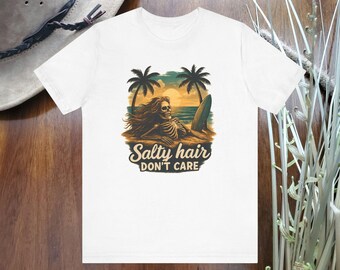 Skeleton Surfer Tee | Salty Hair Don't Care Graphic, Beach Sunset