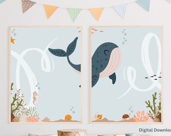 Set van 2 oceaankwekerijafdrukken, nautische kwekerij, oceaankwekerij, walvisprint, babyjongenkwekerij, oceaanthemakwekerij, oceaankwekerijdecor, kinderkamer,