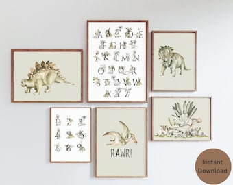 Paquete imprimible de dinosaurios para niños, arte de pared de dinosaurios, póster de números, póster educativo, imprimible Montessori, póster del alfabeto, impresión de pared de Dino