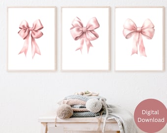 Stampa fiocco rosa, set di 3, arte da parete preppy, arredamento della camera per adolescenti, poster preppy, arredamento dell'appartamento universitario, poster pastello di arte della parete femminile dell'asilo nido, civetta