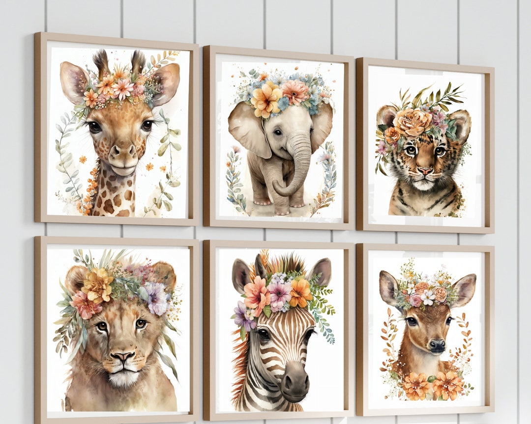 Boho Safari Nursery Wall Prints, Flower Crowns, Boho Animals, Nursery ...