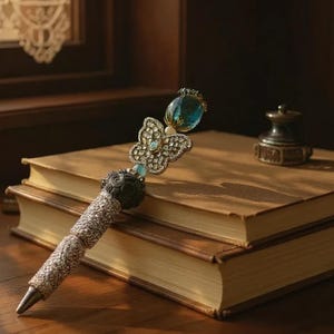 Fancy Blau und Silber Rose Knospe Blume Schmetterling Perlen Stift Hochzeitsgast