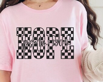 Hope Bible Verse T-Shirt, Psalm 130:5 Christian Shirt, Checkerboard Faith Tee, Religious Inspirational Shirt, Scripture Graphic Tee
