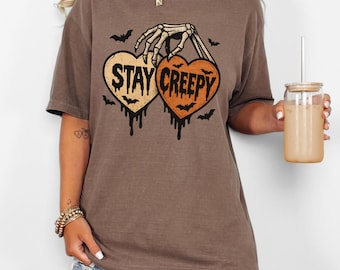 Comfort Colors® Stay Creepy Shirt Skeleton Hand Halloween Tee Spooky Heart Graphic Shirt Cute Goth Aesthetic Fall October Scary Top