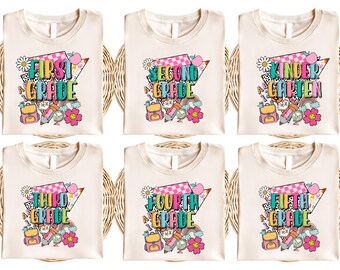 Back to School Grade Shirt Bundle, Kindergarten to 5th Grade Tee Set, Colorful Teacher Student Shirts, Kids First Day Outfit, Gift to Kids